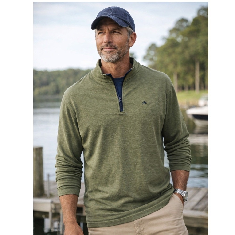 Fish Hippie Quarter Zip Pullover Sweater Mens Size XL Green Cotton Modal Preppy